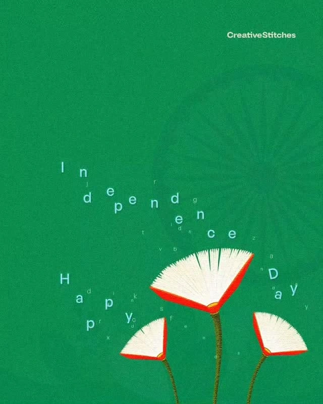 Independence Day creative ad: Three embroidered fan-shaped flowers in white with saffron-red edges