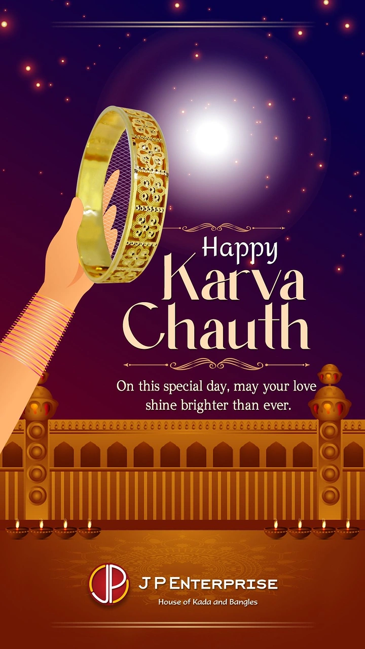 Karwa Chauth creative ad: Hand holding a gold filigree kada up to the moon like a sieve