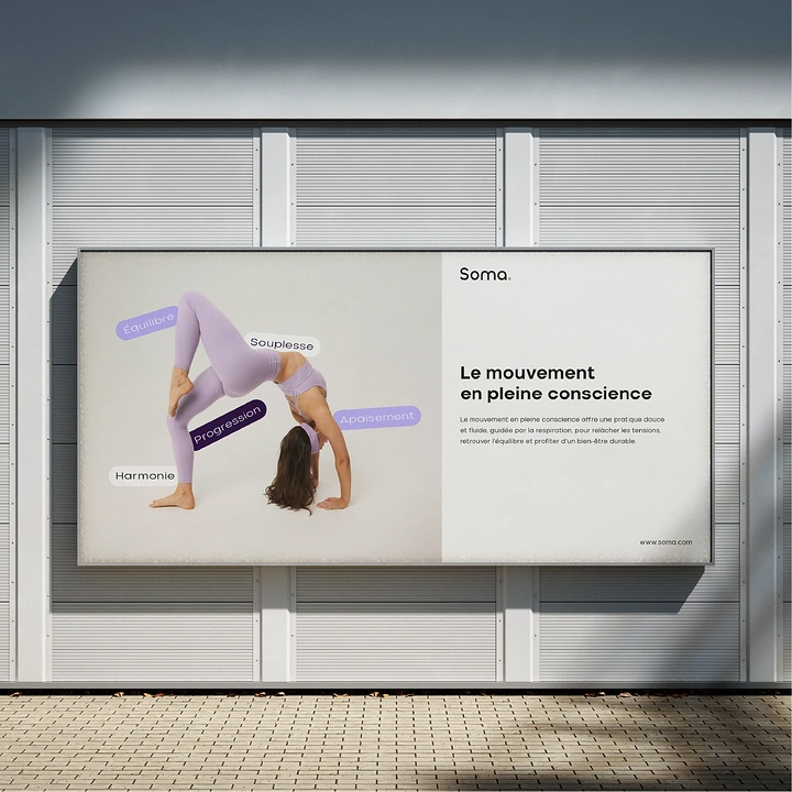 Yoga Studios creative ad: Benefit tags pinned onto yoga backbend pose