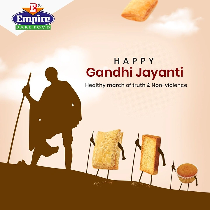 Gandhi Jayanti creative ad: Gandhi silhouette leading marching bakery products with sticks