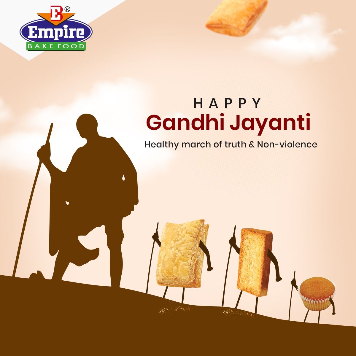 Gandhi silhouette leading marching bakery products with sticks