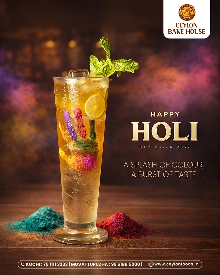 Holi creative ad: Tall iced glass of drink with a rainbow gulal handprint on the glass
