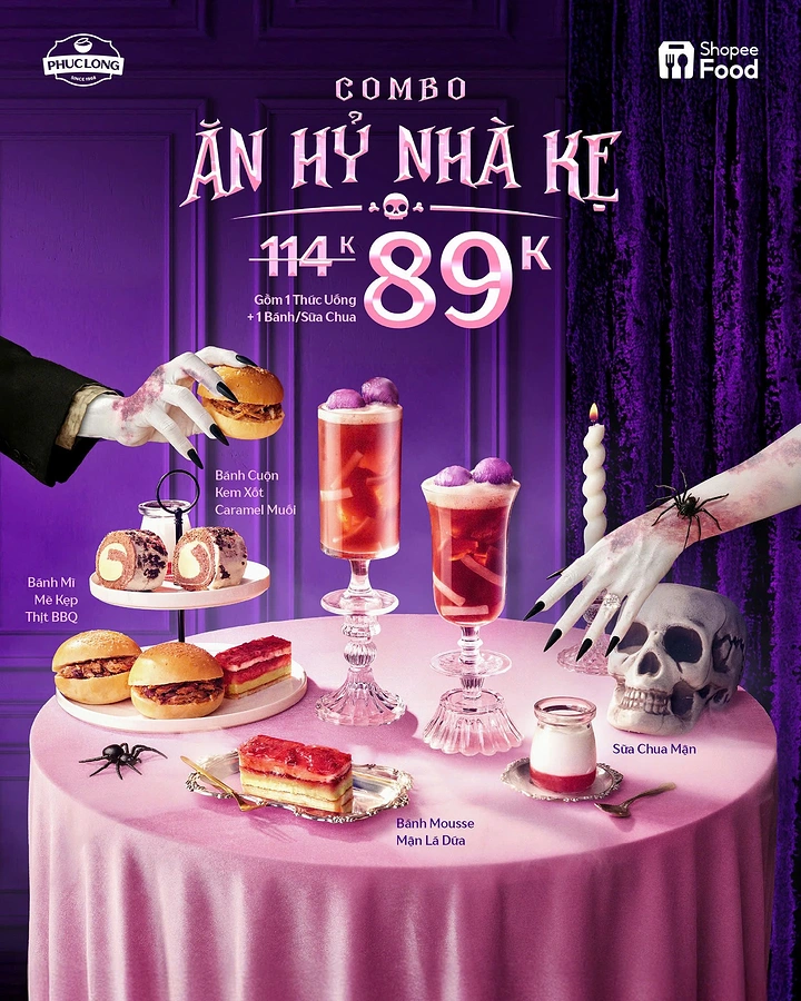 Halloween creative ad: Halloween dessert and drink combo spread on a pink tablecloth