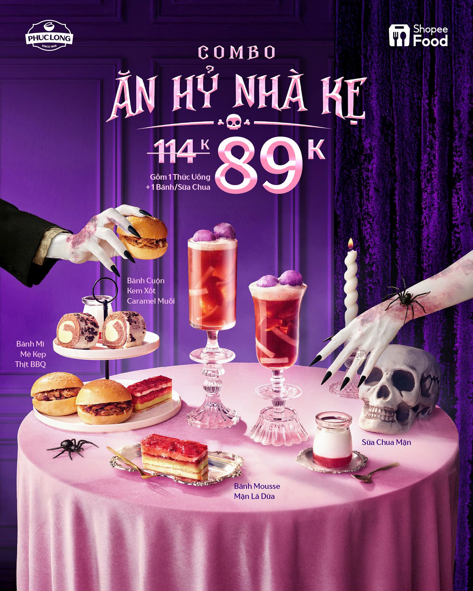Halloween Instagram post: Halloween dessert and drink combo spread on a pink tablecloth