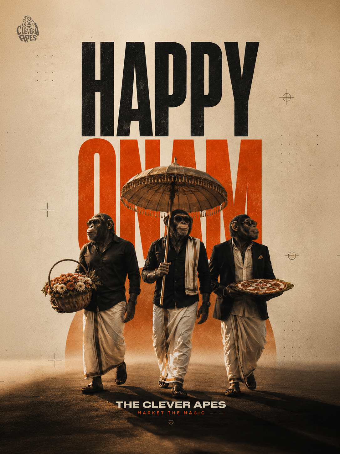 Three chimpanzees in shirts and mundus walking forward, carrying an umbrella, a flower basket and a pookalam
