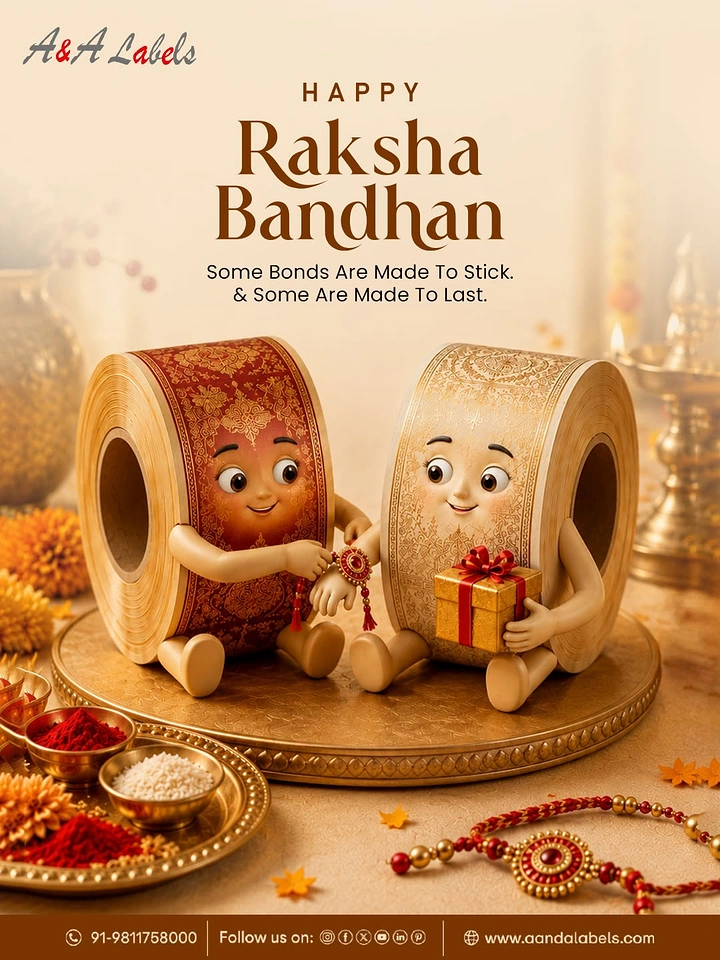 Raksha Bandhan creative ad: Two anthropomorphic label rolls tying a rakhi