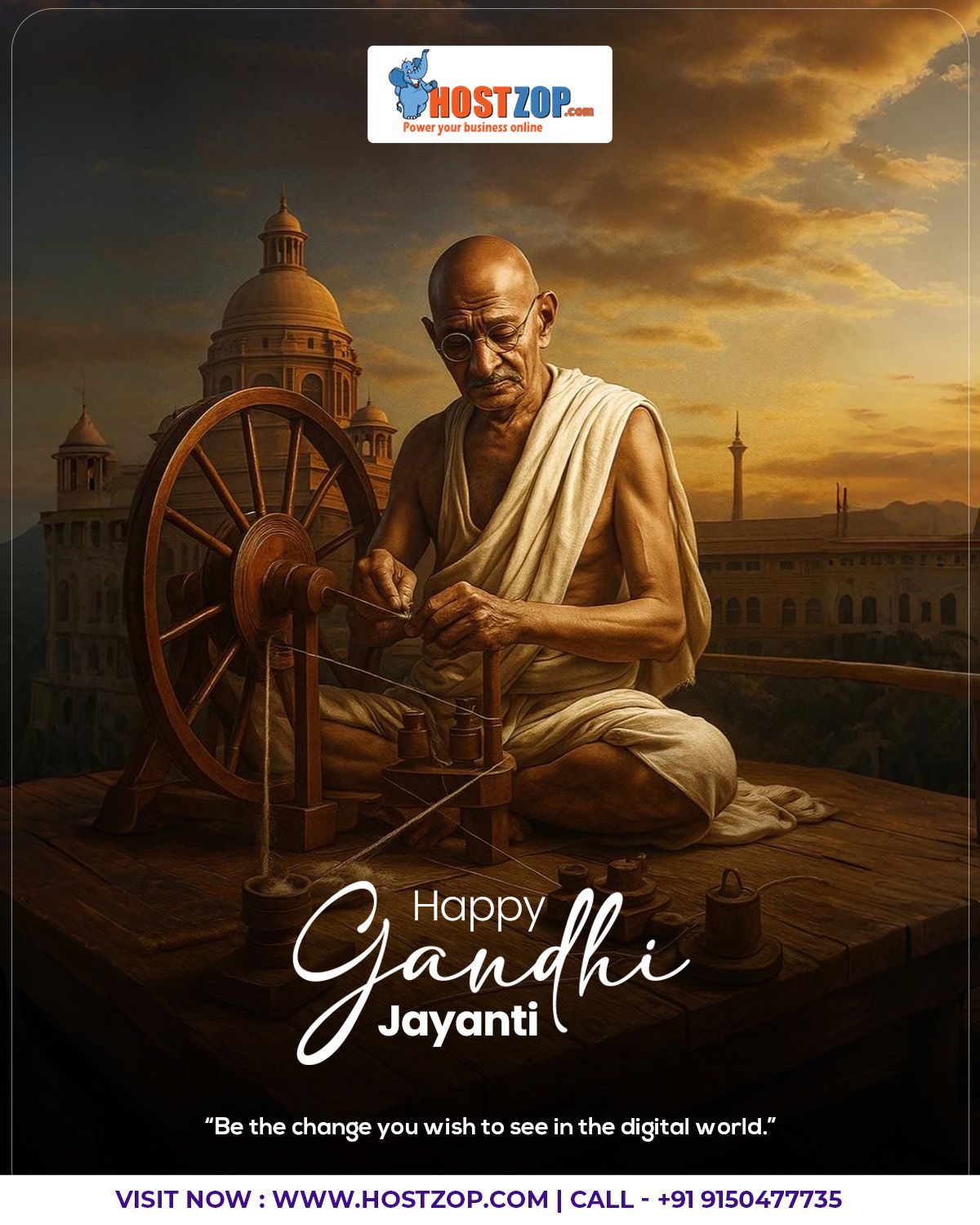 Gandhi Jayanti Poster: Cinematic portrait of Mahatma Gandhi spinning thread at sunset
