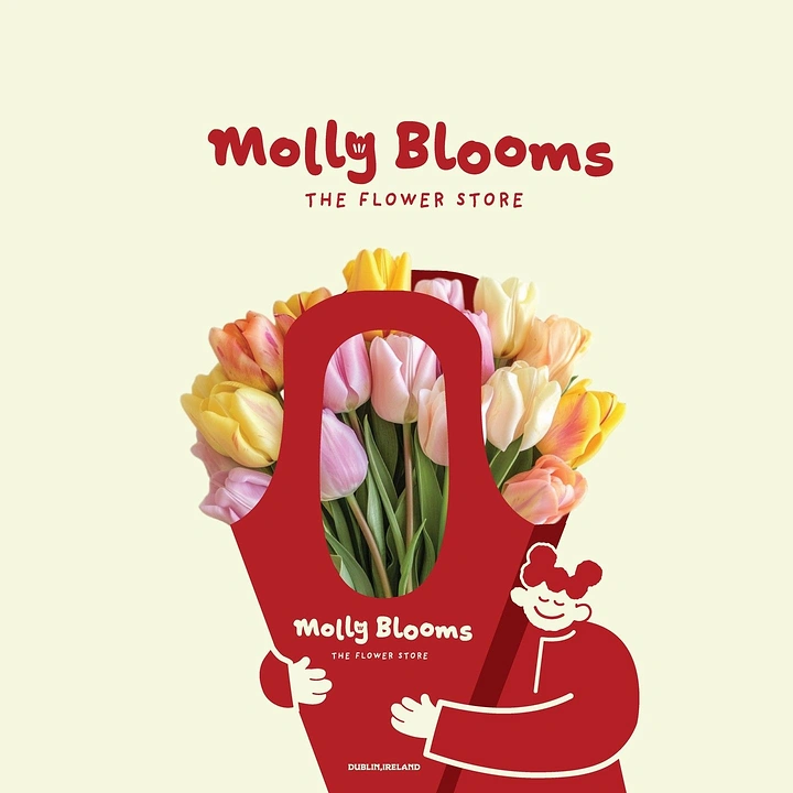 Florists creative ad: Illustrated mascot hugs real tulip bouquet bag