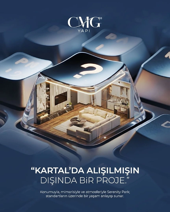 Creative ad: Luxury living room miniature inside a clear keyboard keycap