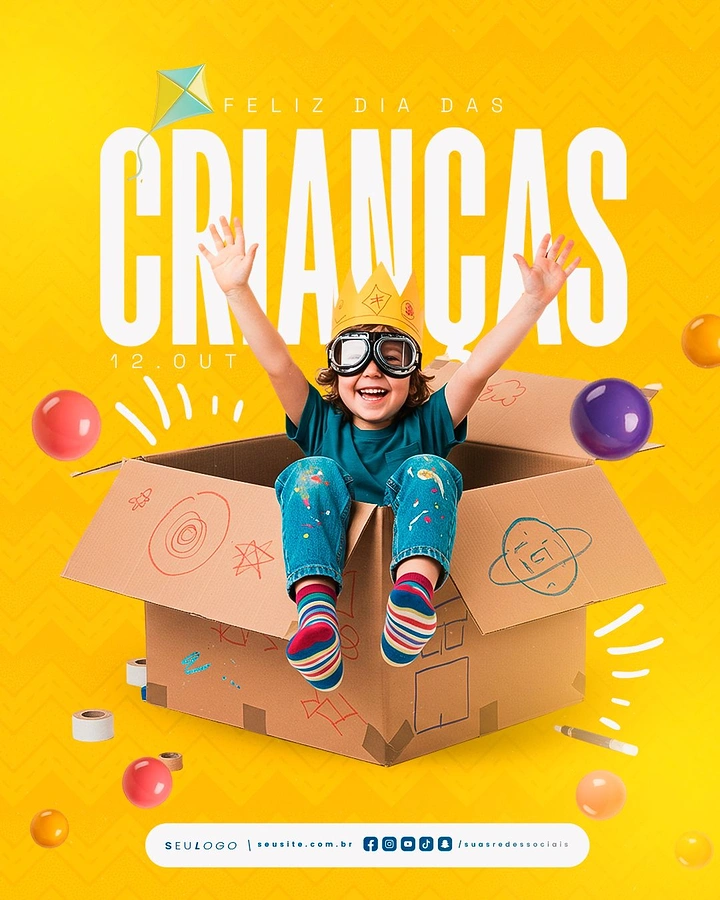 Children's Day creative ad: Cheering child in goggles and paper crown sitting in a doodled cardboard box