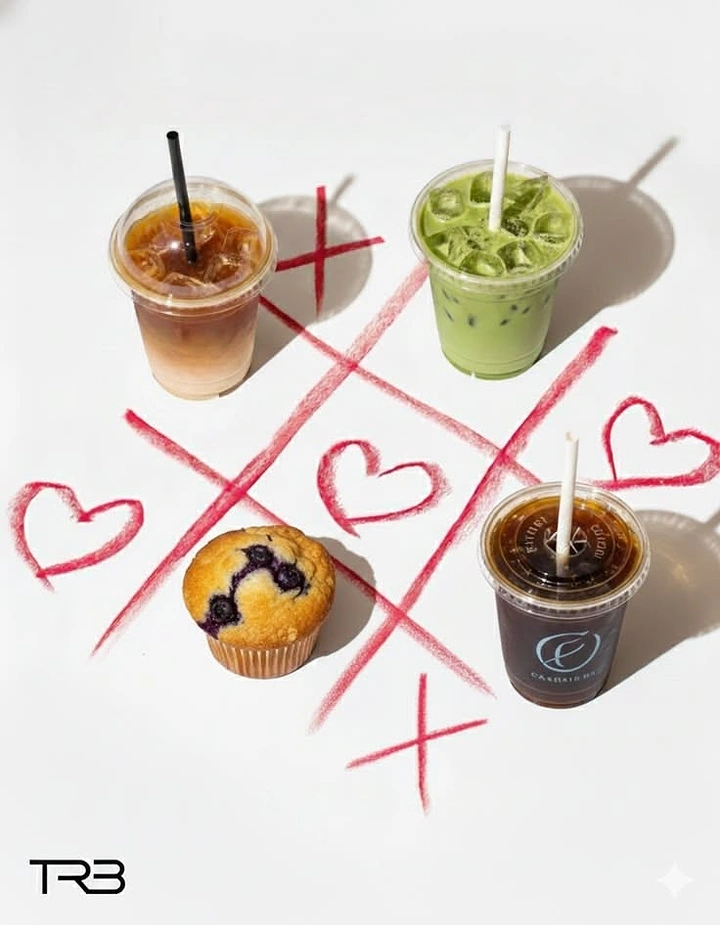 Valentine's Day creative ad: Iced drinks and a muffin as pieces on a crayon tic-tac-toe board