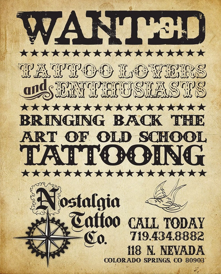 Tattoo Studios creative ad: Wanted-poster pastiche for old school
