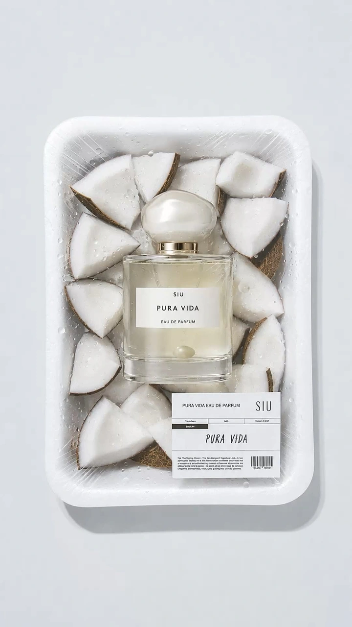 Perfume & Fragrance creative ad: Perfume bottle packaged among coconut pieces in a shrink-wrapped grocery tray