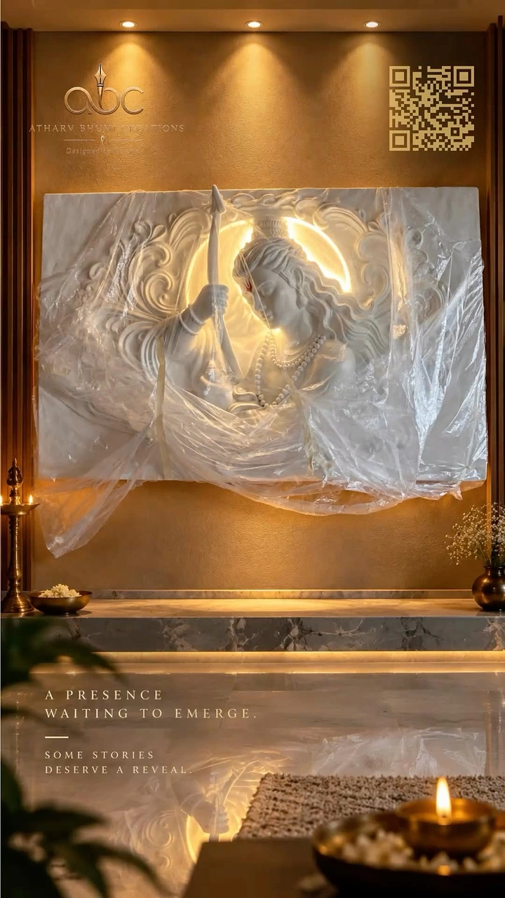 Ram Navami creative ad: Backlit marble relief of Rama with bow, partly covered in plastic sheeting