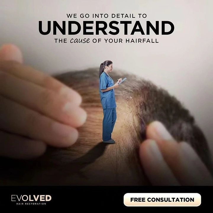 Hair Transplant & Hair Clinics creative ad: Tiny doctor inspecting giant scalp