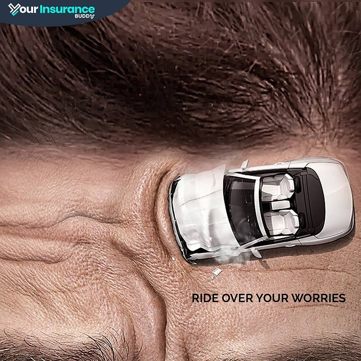 Insurance creative ad: Crumpled white convertible crashed into a wrinkled human forehead