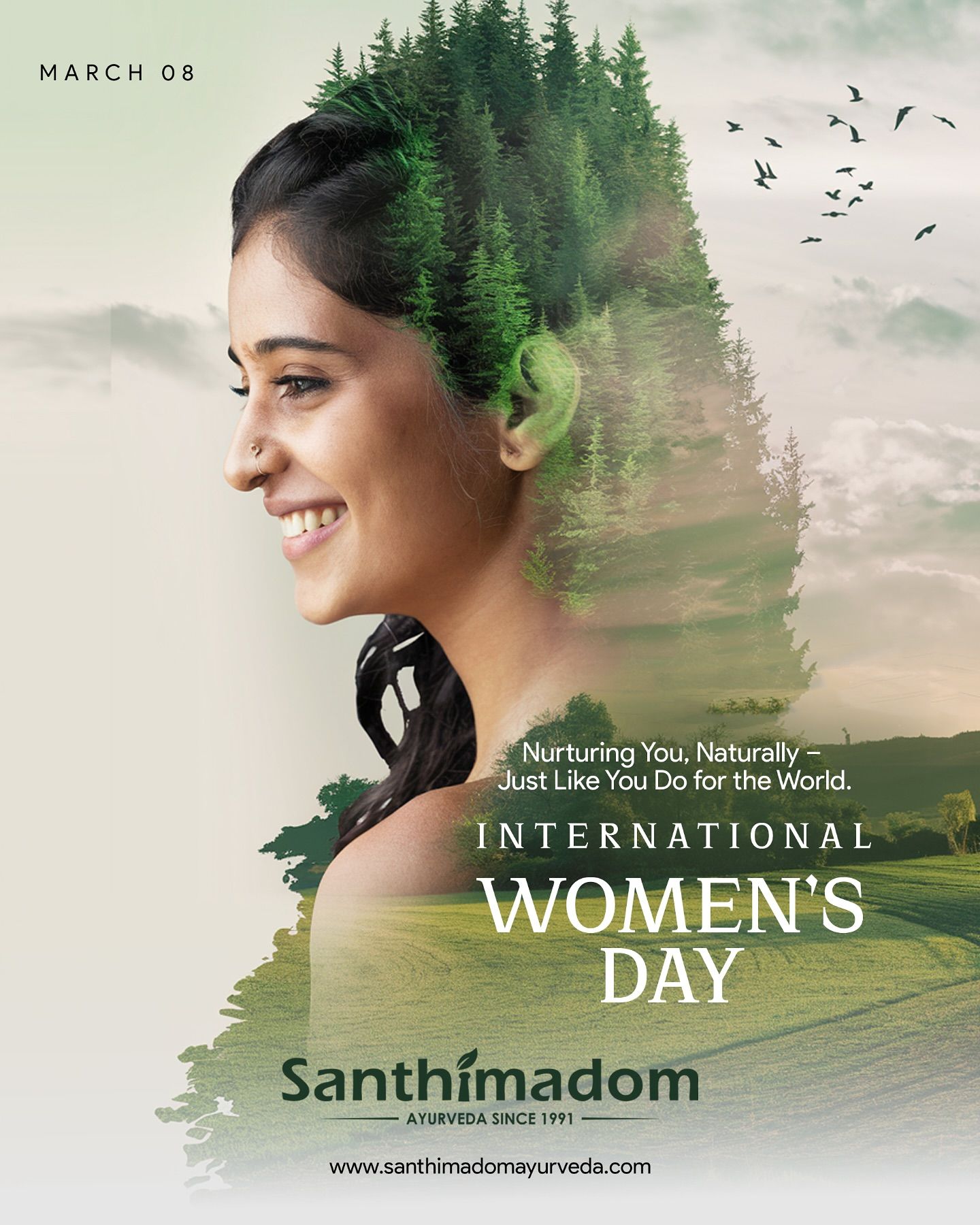 Smiling woman in profile blended with a forest double exposure