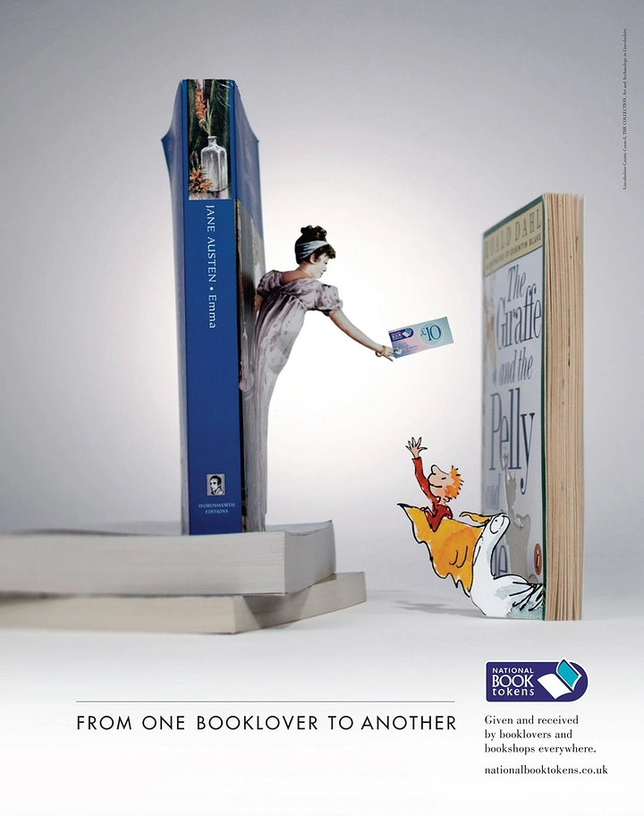 Bookstores creative ad: Book characters passing token between books