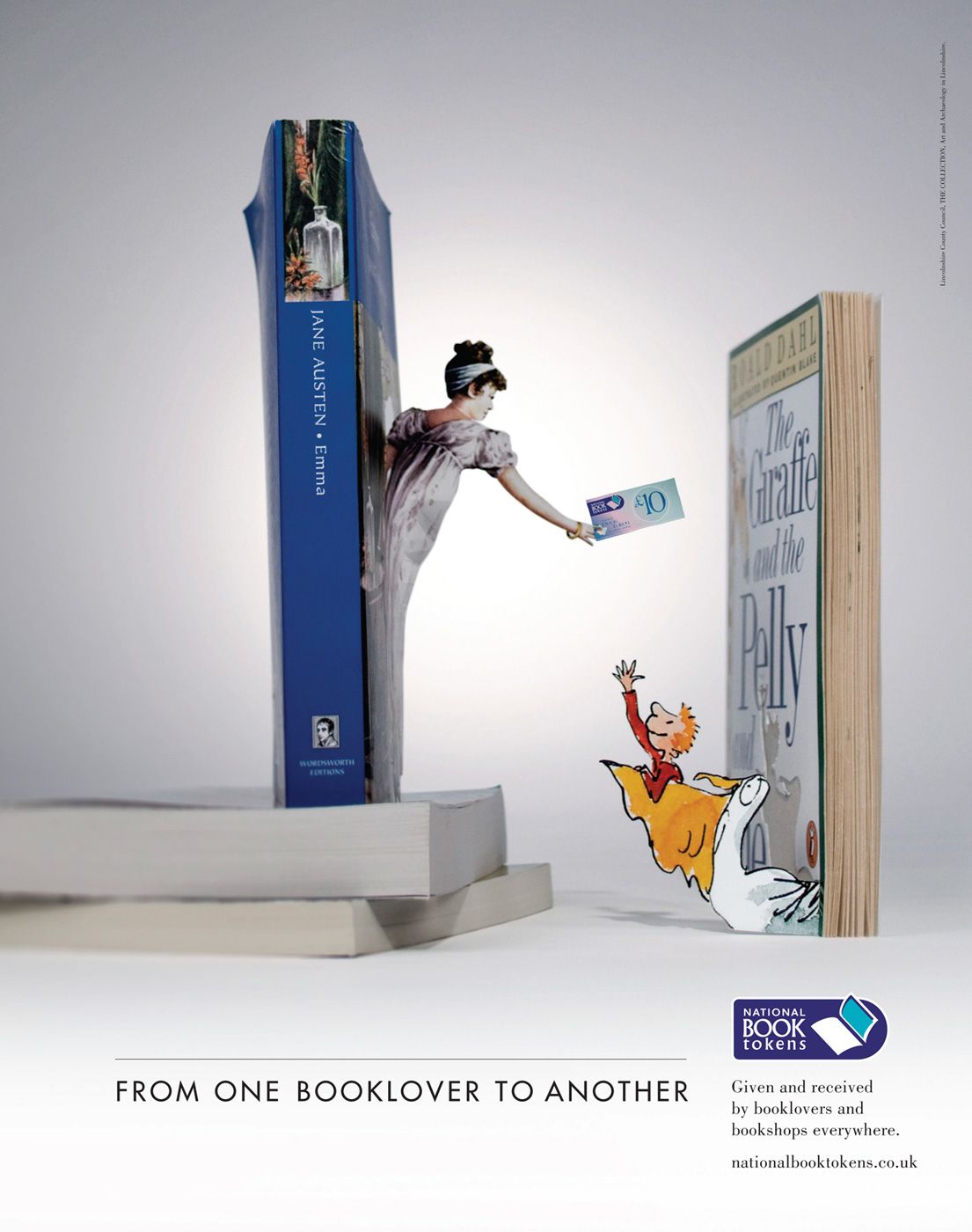 Cutout book characters passing a gift token between two books