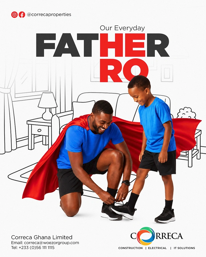 Father's Day creative ad: Caped father kneeling to tie his son's shoelace