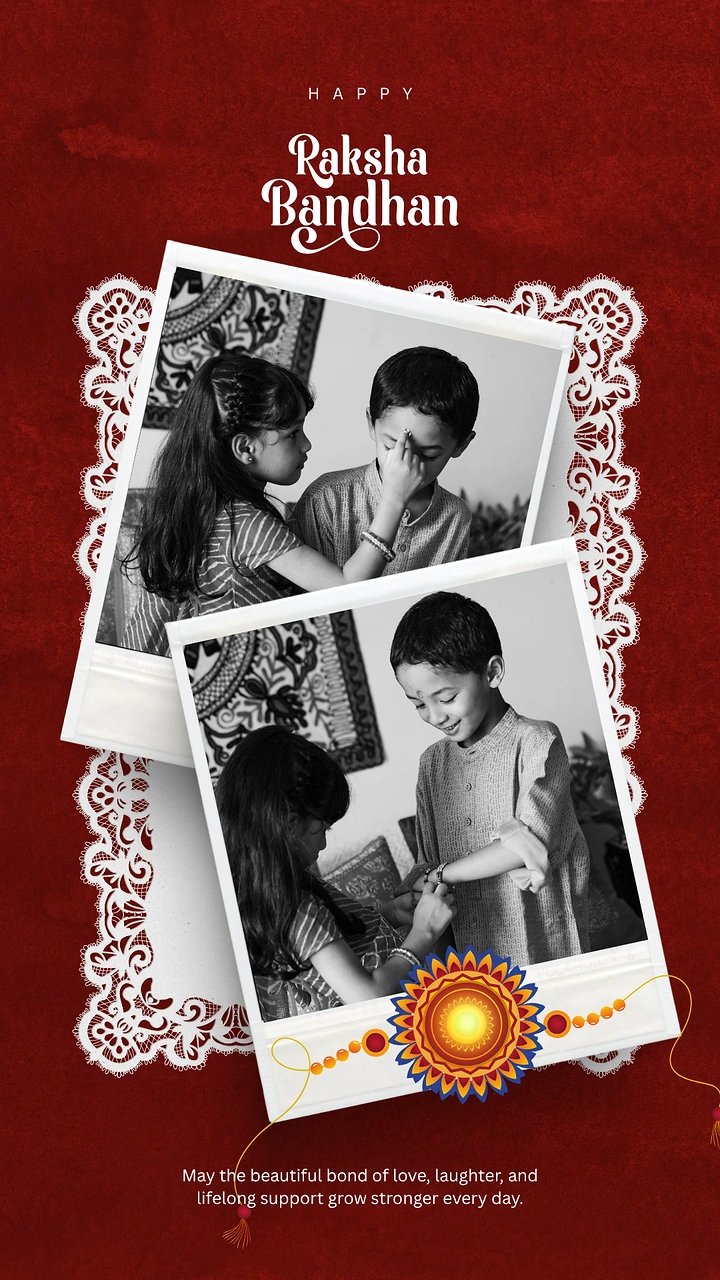 Raksha Bandhan creative ad: Two black-and-white polaroids of a sister applying tilak and tying a rakhi on her brother