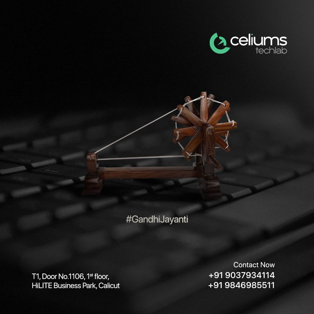 Gandhi Jayanti Instagram post: Miniature wooden charkha on a laptop keyboard