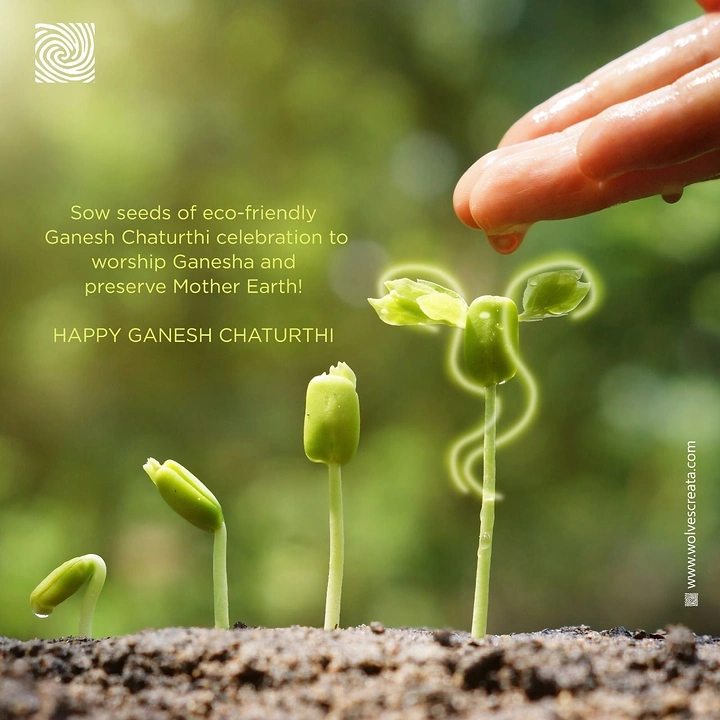 Ganesh Chaturthi creative ad: Sprouting seedlings with a glowing line-art Ganesha formed by one sprout