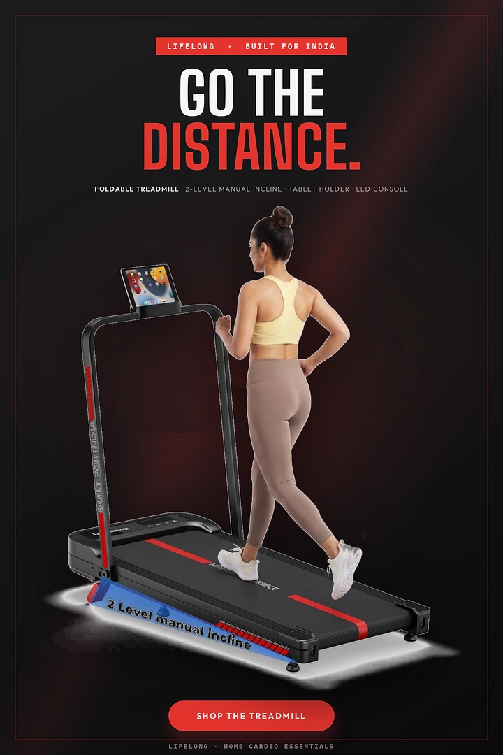 Fitness Equipment Stores creative ad: Treadmill travel metaphor with suitcase