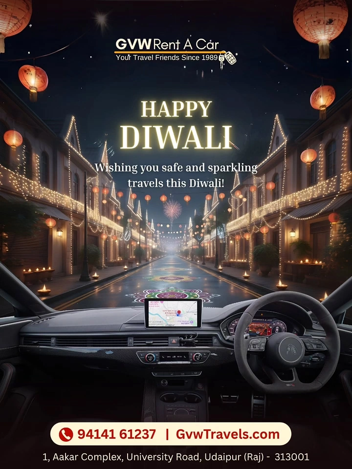 Diwali creative ad: Driver's-view car interior looking down a lit festive street