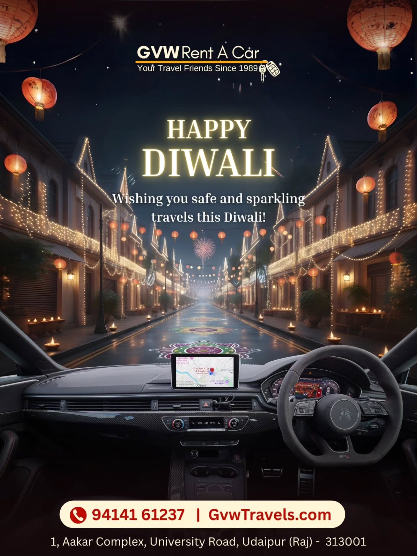 Diwali Instagram post: Driver's-view car interior looking down a lit festive street