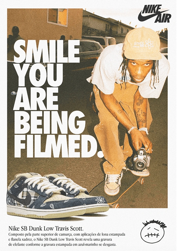 Fashion creative ad: Crouching skater filming with camcorder; paisley plaid sneaker cutout