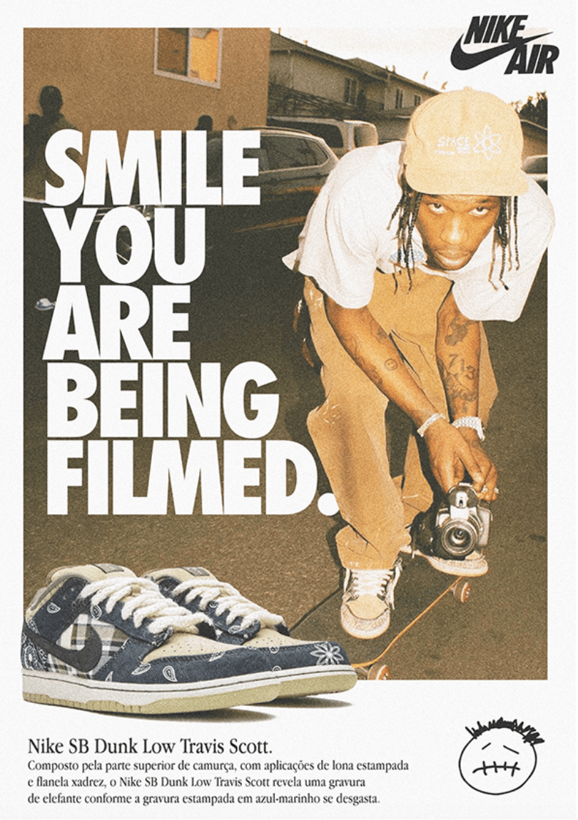 Crouching skater filming with camcorder; paisley plaid sneaker cutout