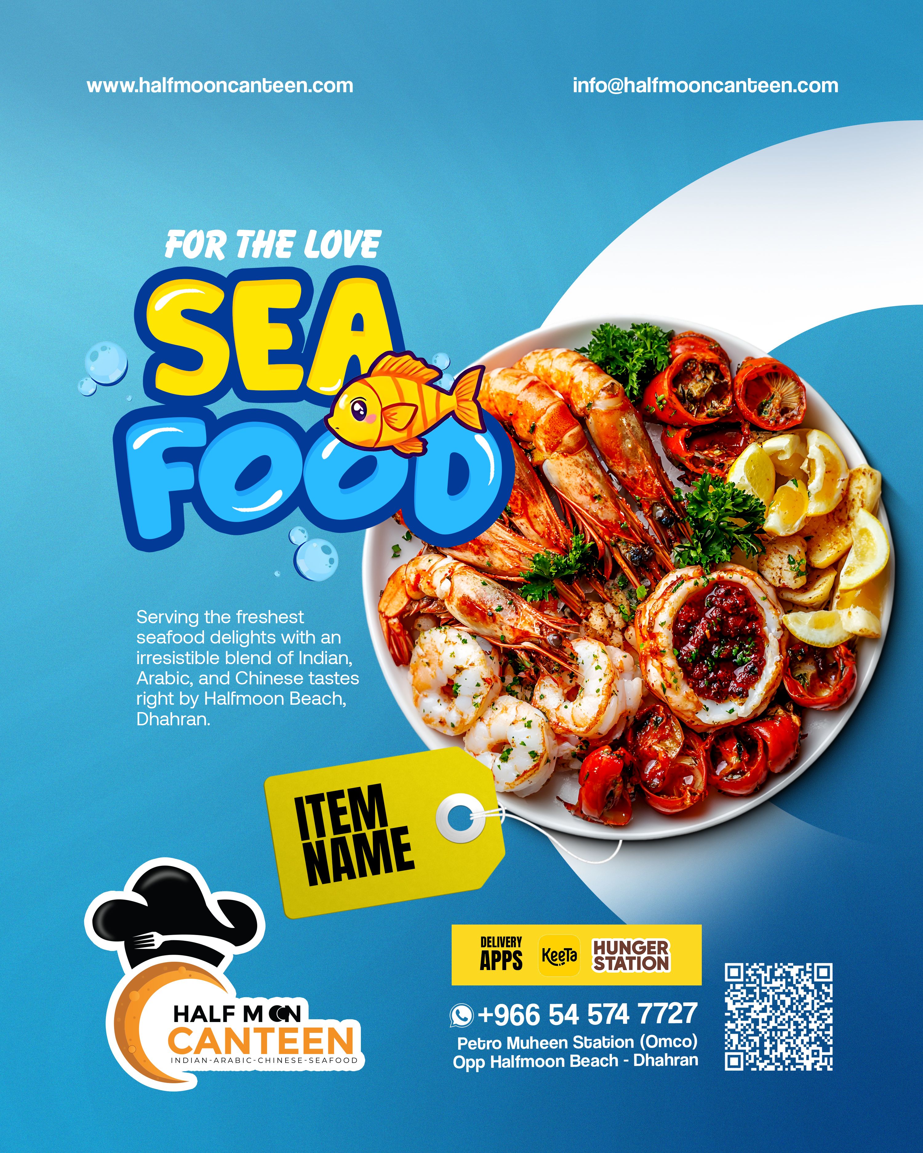 Instagram post: Playful sea-food pun with illustrated mascot