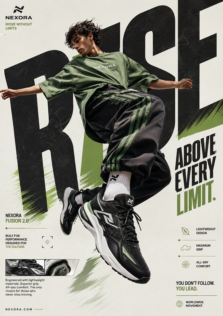 Creative ad: Athlete jumping mid-air showing black-and-white sneakers