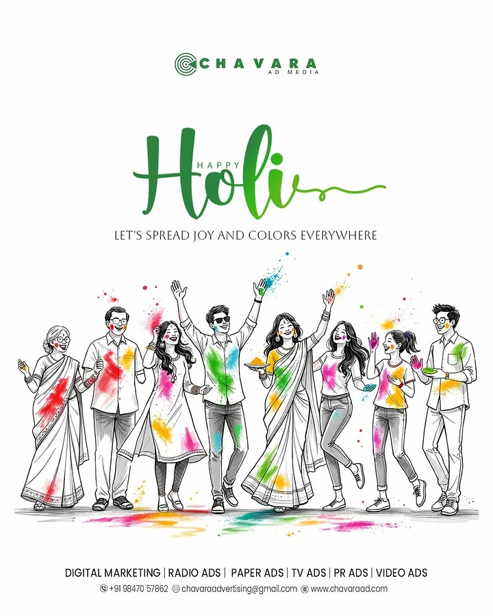Holi creative ad: Sketched group of people of all ages celebrating Holi