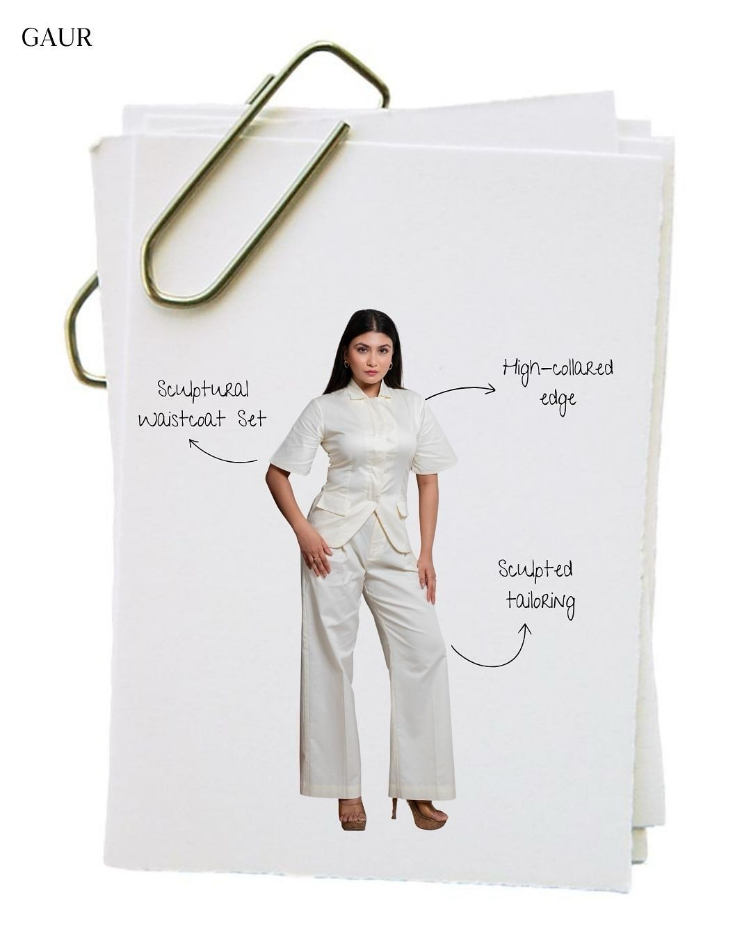 Instagram post: Paper-clipped sketch notes annotating outfit
