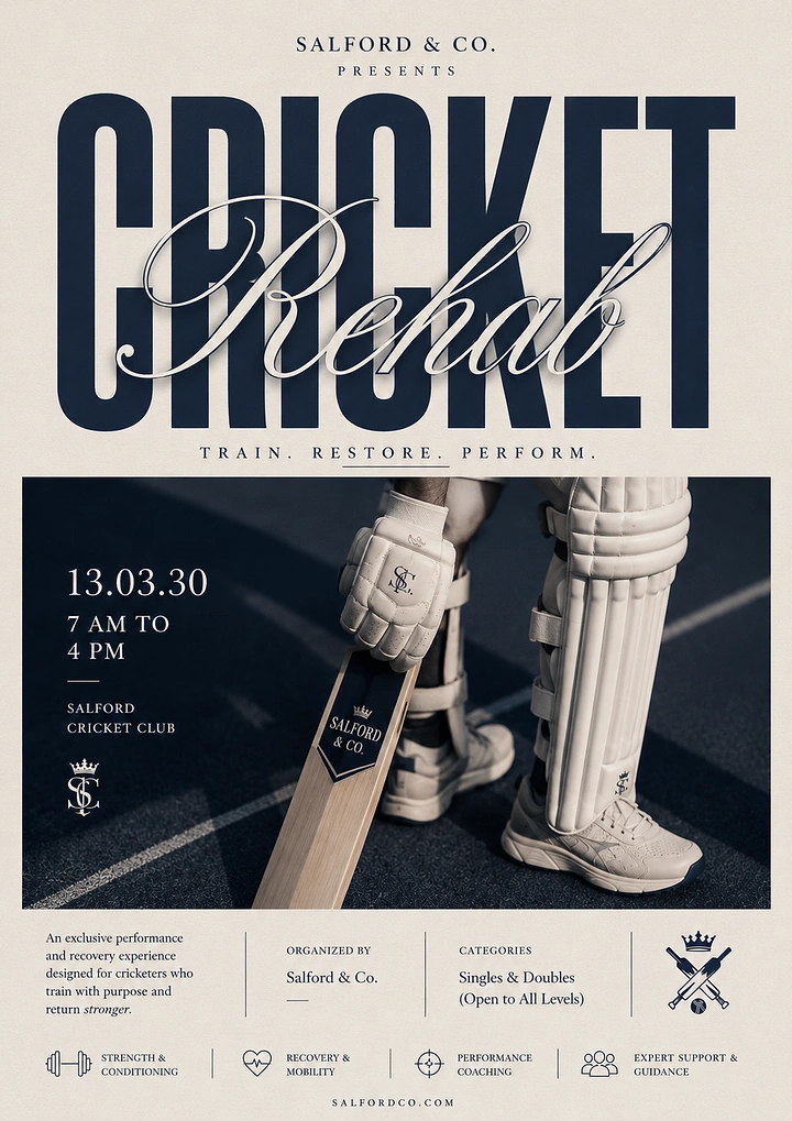 Events & Nightlife creative ad: Close-up of cricketer's padded legs, gloves and bat on dark pitch