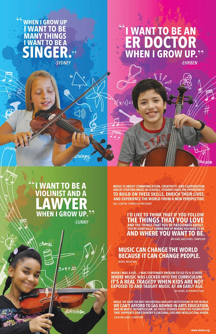 Music & Dance Classes creative ad: Children performing string instruments in a colorful music-education campaign collage