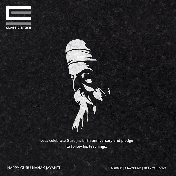Guru Nanak Jayanti creative ad: Stencil-style profile portrait of Guru Nanak on black granite