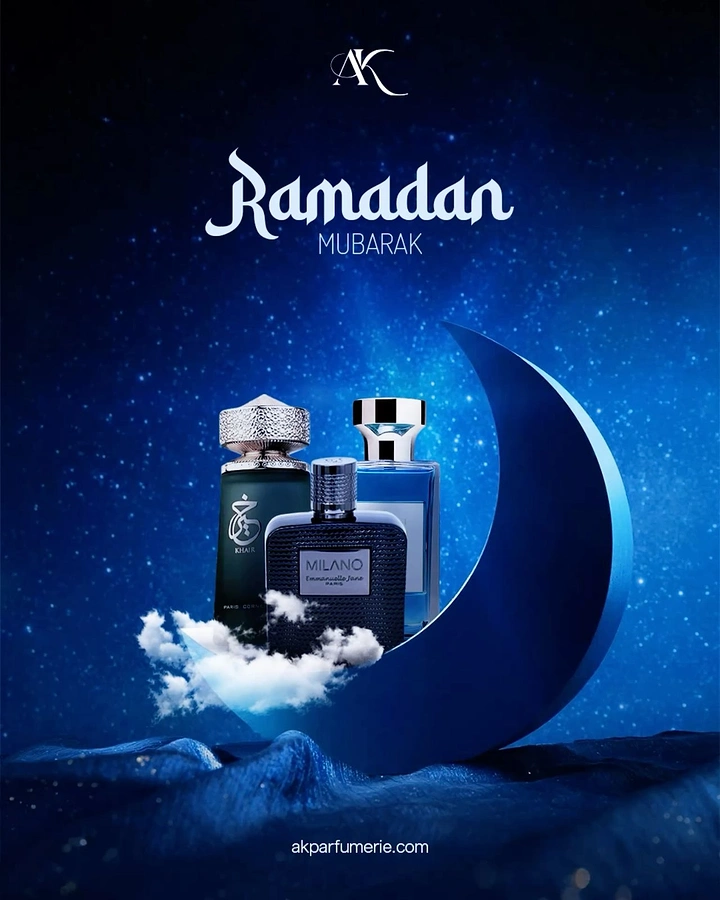 Ramadan creative ad: Three perfume bottles nestled in a large blue 3D crescent moon