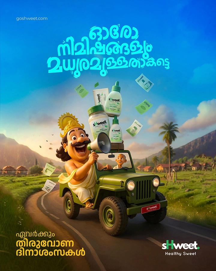 Onam creative ad: 3D cartoon Mahabali shouting through a megaphone from a green jeep piled with sweetener products