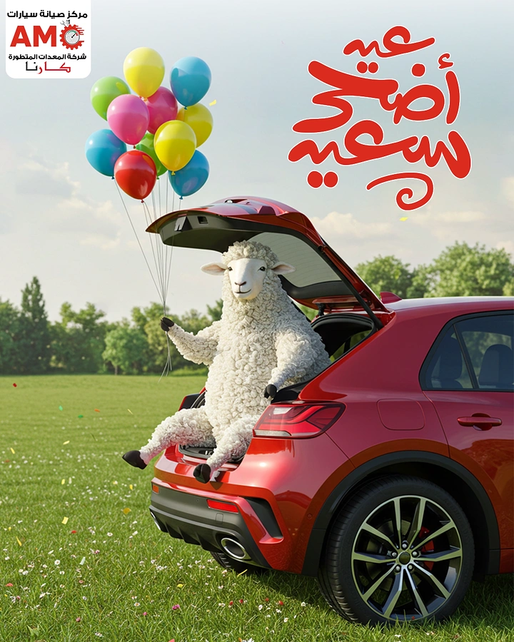 Eid Al Adha creative ad: Sheep riding in car trunk with balloons