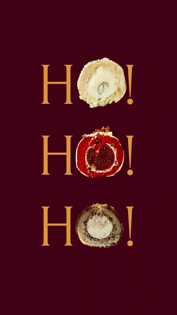 Christmas creative ad: Three dessert halves replacing the O in HO! HO! HO!