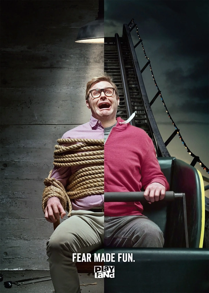 Amusement & Water Parks creative ad: Split tied-up rider, 'Fear made fun'