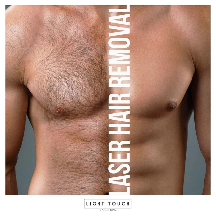 Skin & Cosmetic Clinics creative ad: Before/after split chest with vertical type