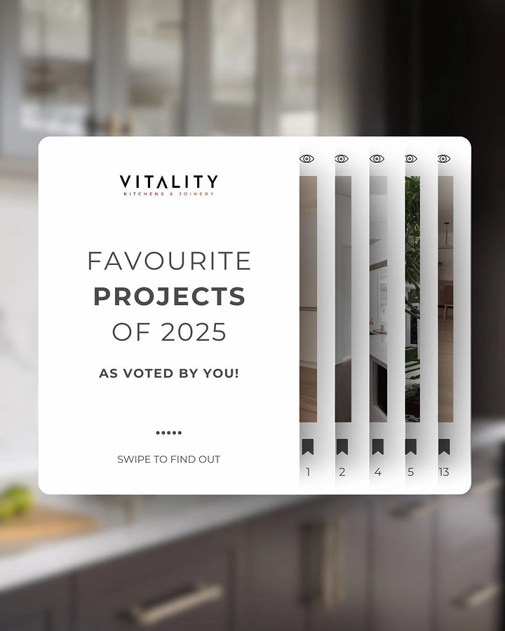 New Year creative ad: White card with fanned stack of project photo tabs