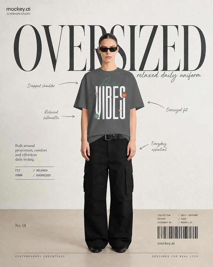 Creative ad: Full-length model in oversized grey graphic tee and black cargo pants