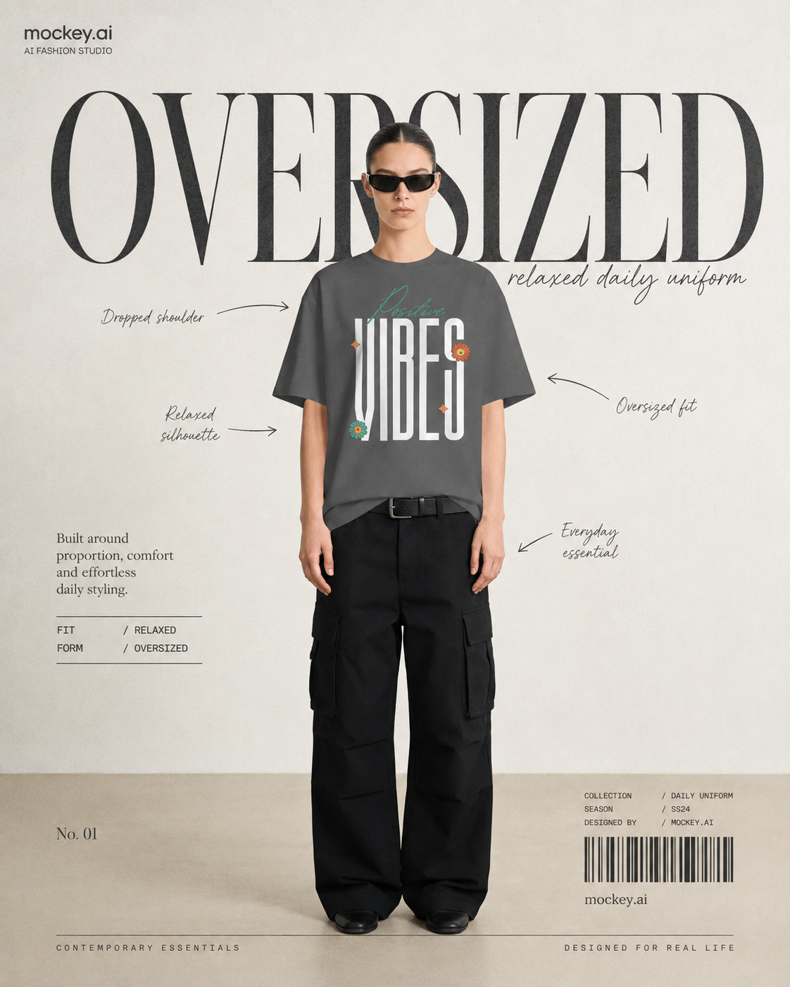 Instagram post: Full-length model in oversized grey graphic tee and black cargo pants