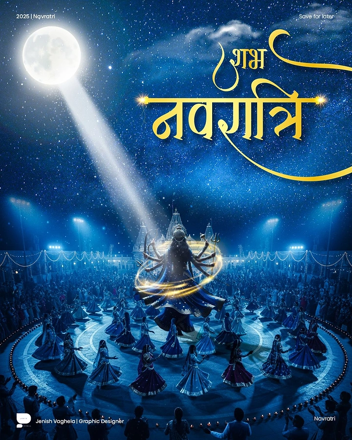 Navratri creative ad: Moonbeam lighting a multi-armed goddess at the centre of a circular garba dance at night