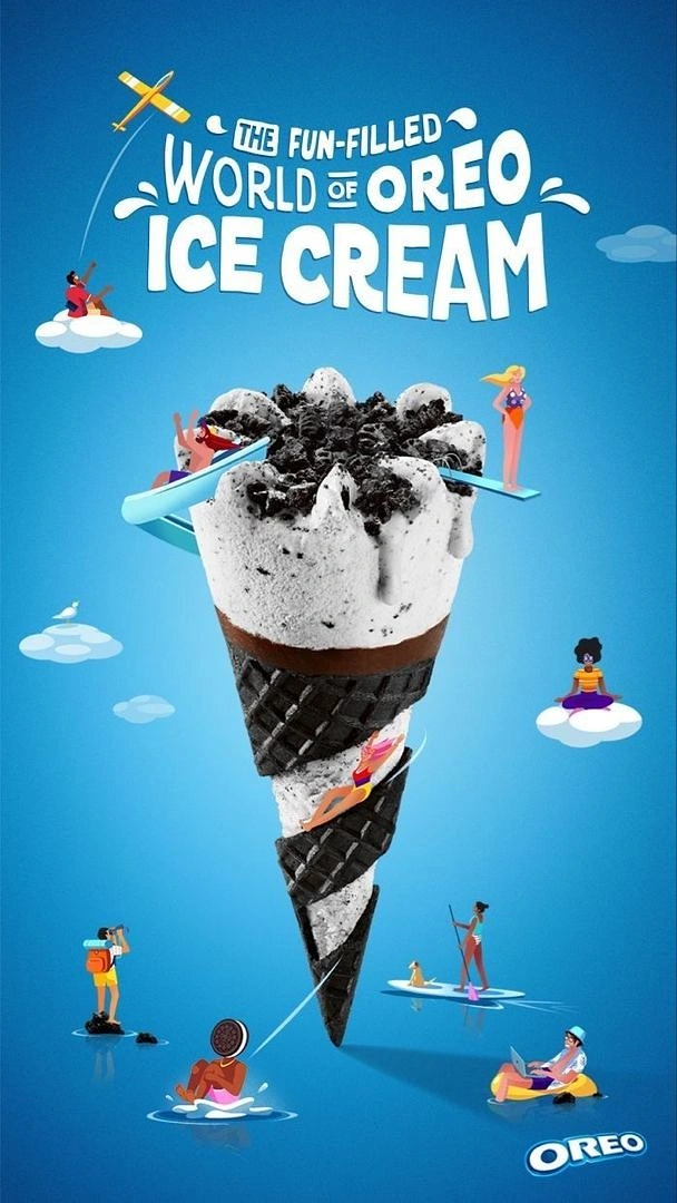 Creative ad: Giant cookies-and-cream cone with tiny illustrated vacationers